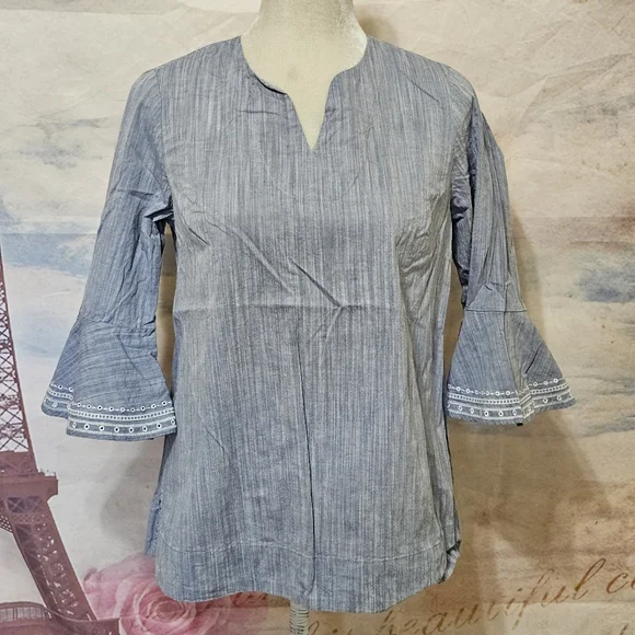 Westbound Blue Blouse with Bell Sleeves and Mandarin Collar PETITE Sz M - Picture 2 of 8